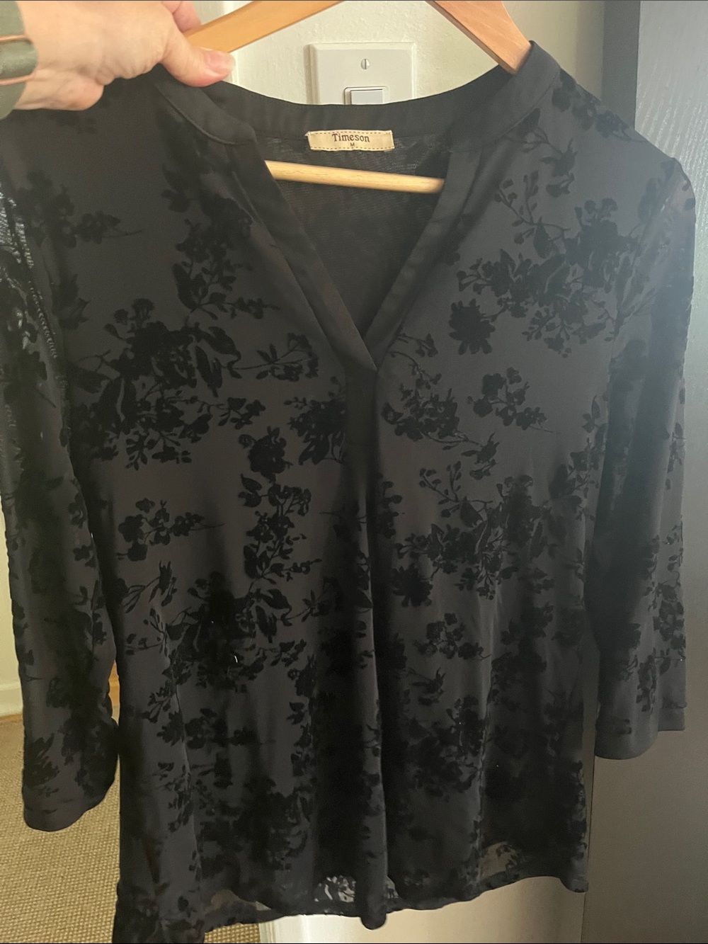 Timeson Black Floral Velvet-Texture V-Neck Blouse